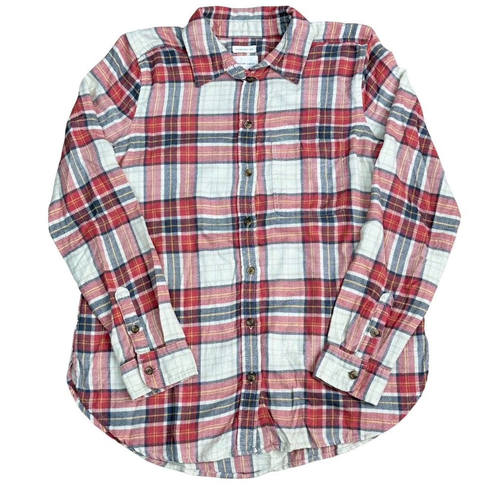 American Eagle Plaid Flannel Boyfriend Shirt Women Size S Red Cozy Cabincore
